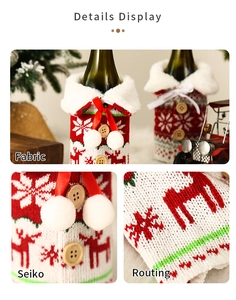 Close-up of Christmas knit wine bottle covers with reindeer patterns and wooden buttons