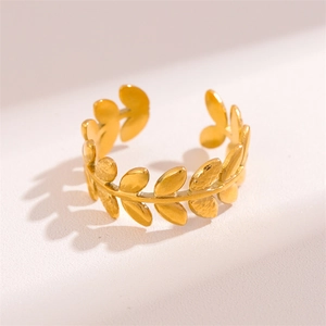 Minimalist 18K gold plated stainless steel open ring with willow leaf design for women