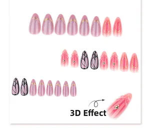 Detail of 3D almond press-on nails featuring butterfly patterns and gradient art