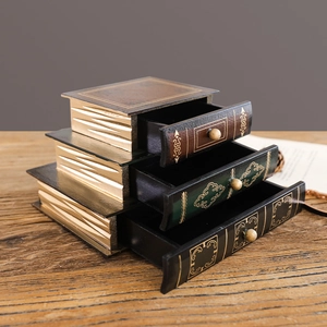 European luxury vintage book-shaped wooden jewelry organizer with 3-tier drawers and gold motifs
