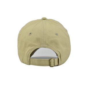Detail view of khaki cotton baseball cap back with metal adjustable strap and stitching