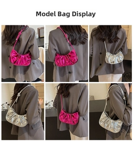 Detail shots of shiny metallic pleated shoulder bag in silver and magenta finishes