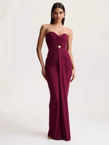 Strapless Ruched Bodycon Maxi Dress Polyester Elastane Metal Buckle Slim Fit Evening Party Gown For Women