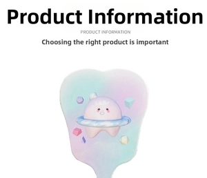 Detail view of heart-shaped handheld mirror with cute cartoon character in gradient colors