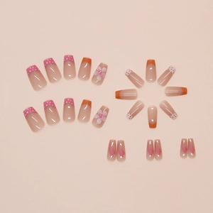 Faux ongles français pêche avec pois roses et motifs floraux 3D, lot de 24 pièces
