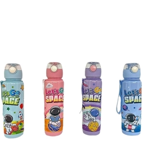 Kid-friendly astronaut themed water bottles with pop-up lids and carry straps
