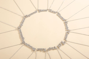 Detail view of 12 zodiac pendant necklaces in gothic font arranged in a circular layout