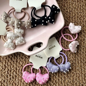 Sweet Satin Bow Heart Hair Ties With Faux Artificial Pearl Embellishment For Girls Cute Handmade Elastic Hair Bands Kids Accessories