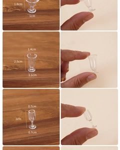 Miniature clear dollhouse glassware set including goblets and sundae cups for DIY crafts