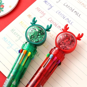 Christmas 10-color shuttle pen with reindeer glitter top and festive cartoon patterns