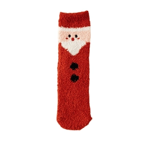 Cozy red Santa Claus plush coral fleece socks with white beard and button details
