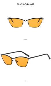 Detailed front and side views of black metal cat-eye sunglasses with orange lenses