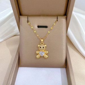 Titanium steel bear necklace with cubic zirconia pendant in a luxury jewelry box