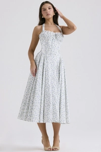 Detail of floral halter maxi dress with waist corset design and blue print patterns