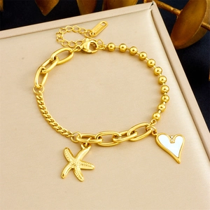 Bracelet À Breloque Étoile De Mer Cœur Pour Femme Acier Inoxydable Plqué Or 18K Chaîne À Billes Et Maillons Asymétrique