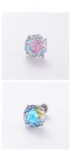 Close-up of octagon rose cut zircon earrings in purple and blue with screw backs