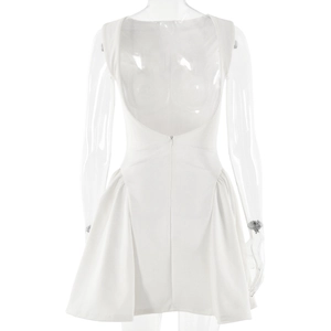 Rear view of white sleeveless backless mini dress with pleated hem and ruched details