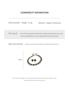 Detail view of rhinestone necklace set specifications including 31.4g weight and copper material