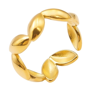 Minimalist adjustable 304 stainless steel ring with golden leaf texture design
