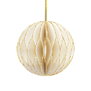 Detailed view of white honeycomb paper ornament with elegant gold glitter edges