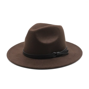 Classic dark coffee wool felt fedora hat with black leather band on white background