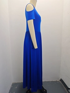 Detail view of the royal blue off-shoulder dress with elastic high waist design
