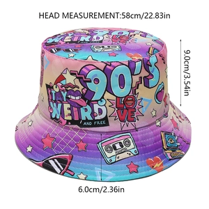 Guide des tailles détaillé pour chapeau bob rétro des années 90 avec graffiti