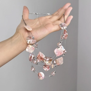 Multi-layer pink irregular stone necklace with silver beads and adjustable clasp