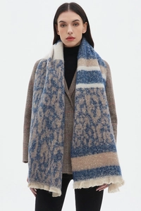 Detailed knit texture of a thick leopard pattern scarf in blue and tan colors