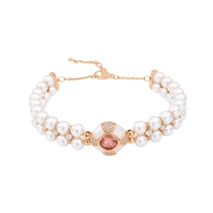 Vintage gold plated double-layer pearl bracelet with pink gemstone centerpiece