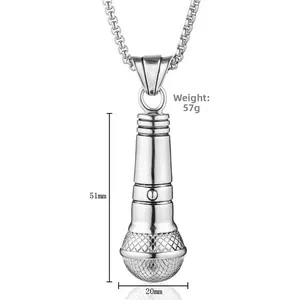 Detailed size view of silver microphone pendant showing 51mm height and 20mm width dimensions