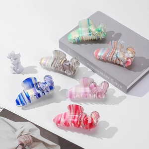 Elegant acetate hair claws with striped patterns and rhinestone butterfly accents set of 6
