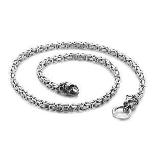 Silver Byzantine chain necklace with lion head clasps made of durable titanium steel
