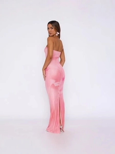 Robe bustier moulante rose tie-dye avec fente au dos pour femme style été chic
