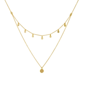 Double-layer 925 sterling silver gold necklace with sparkling zircon disc pendants