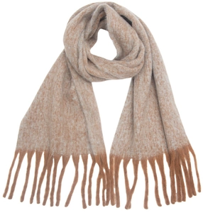 Close-up of beige to brown gradient knit scarf featuring thick fringe details