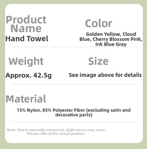 Detailed chart showing coral velvet hand towel specs, weight, and material composition