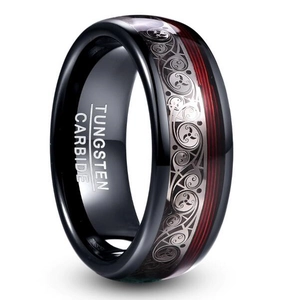 Men's Black Tungsten Carbide Ring Red Guitar String Inlay Celtic Spiral Pattern Polished Band Fashion Jewelry Gift