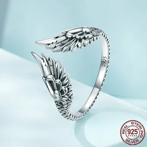 Vintage S925 sterling silver angel wing open ring with detailed feather texture