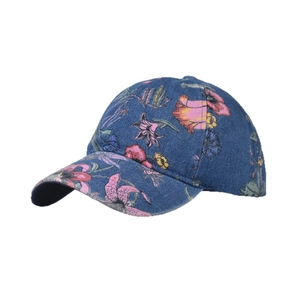 Deep blue denim baseball cap with vintage floral patterns and curved brim for outdoor style