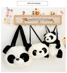 Three sizes of plush panda bags hanging on a rack showing fluffy texture and cute details