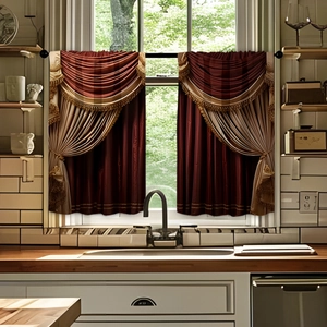 Detail of burgundy kitchen curtains with golden tassels hanging over a kitchen sink