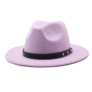 Close-up of light purple wool fedora with black leather band and silver rivet studs