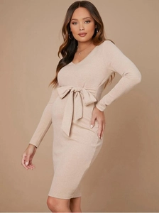 V-Neck Long Sleeve Rib-Knit Maternity Dress Elegant Slim Fit Tie Waist Solid Bodycon Casual Clothing For Pregnant Women