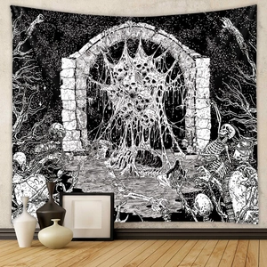 Detailed macro view of black and white skull tapestry hanging in a gothic room setting