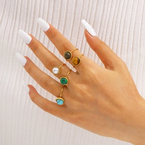 Five-piece set of 18K gold plated stainless steel rings with natural stone inlays