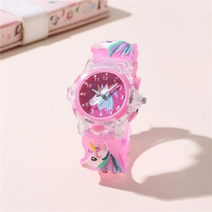 Detail of pink kids quartz watch with 3D unicorn silicone strap and luminous LED display