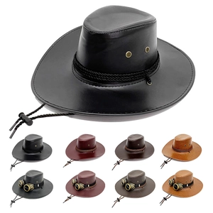 Western Cowboy Hat PU Leather Wide Brim Steampunk Goggles Adjustable Wind Rope Outdoor Sun Protection Men Women