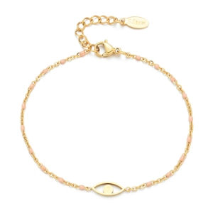 Elegant gold stainless steel bracelet featuring pink beads and Turkish evil eye charm