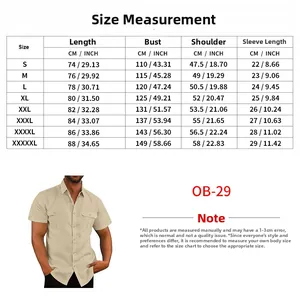 Detailed size chart for men linen short sleeve shirts with measurements in CM and INCH